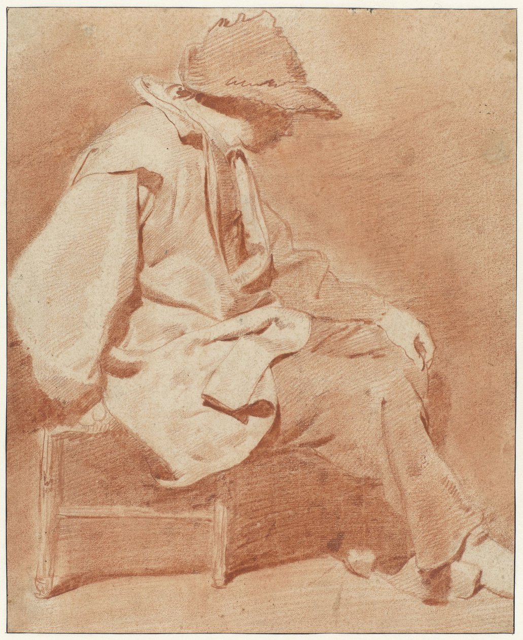 Zittende man met een pet, zijn linkerhand op zijn knie, naar rechts door Cornelis Pietersz. Bega