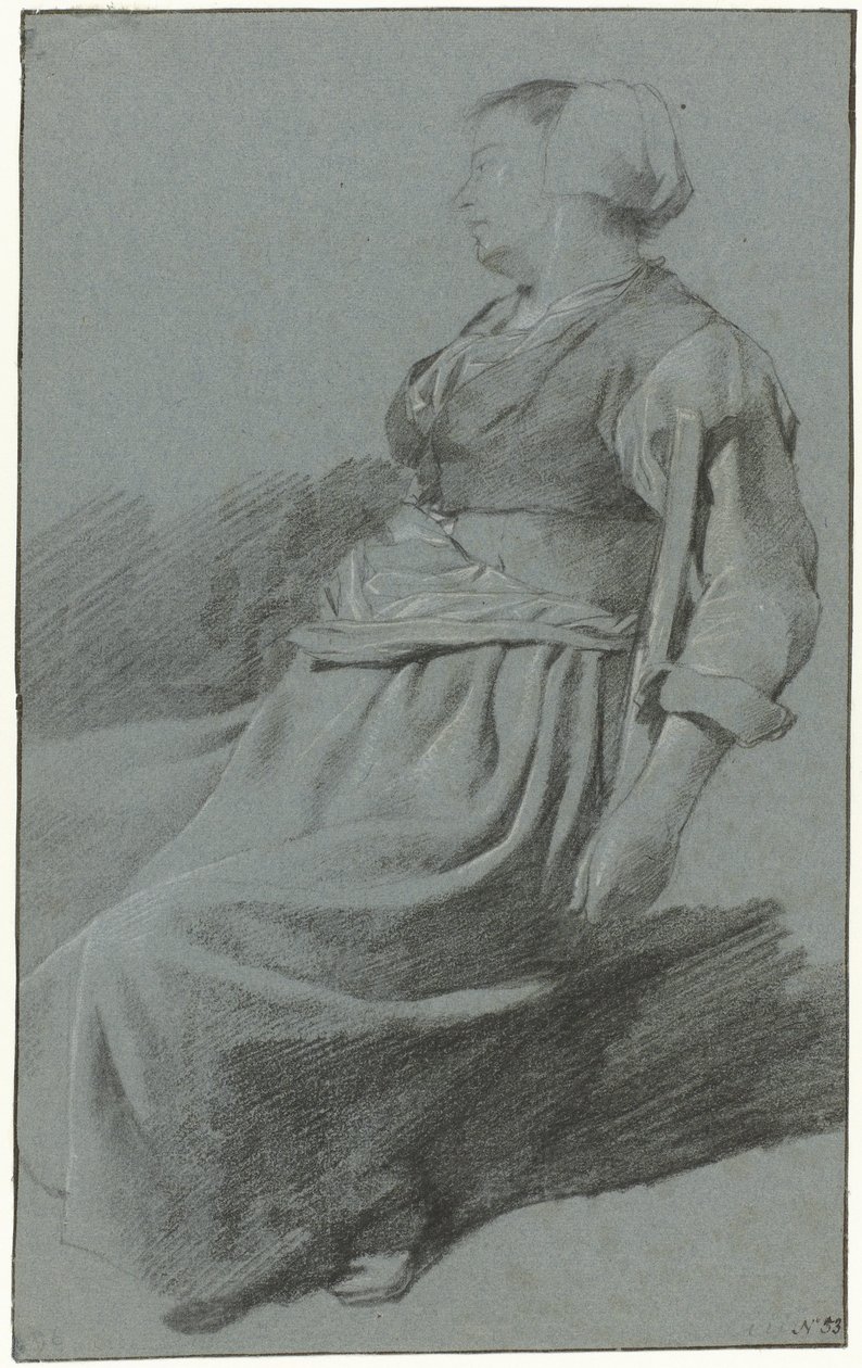 Zittende vrouw, naar links en met een hoed, met haar arm over de rug van een stoel door Cornelis Pietersz. Bega