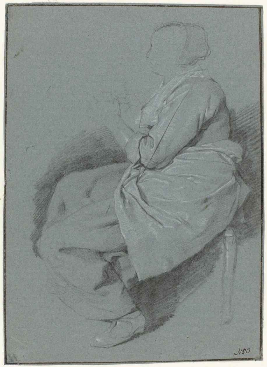 Zittende vrouw, in profiel naar links, met een schort door Cornelis Pietersz. Bega