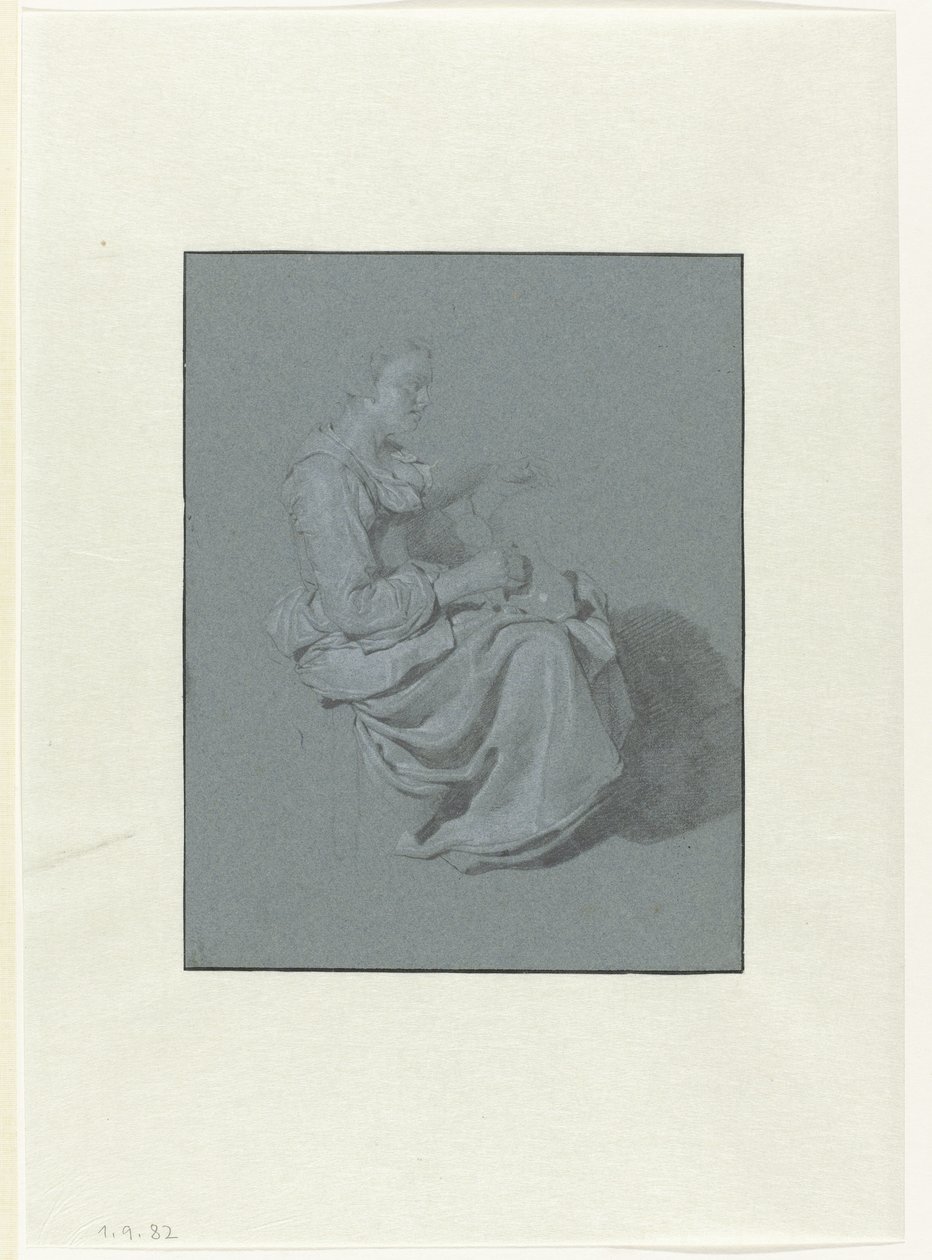 Zittende vrouw, in profiel naar rechts, met een kruik in haar rechterhand door Cornelis Pietersz. Bega