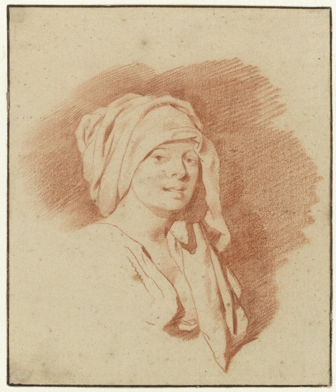 Studie van een vrouw, buste lengte, met een hoofdtooi, naar rechts gericht door Cornelis Pietersz. Bega