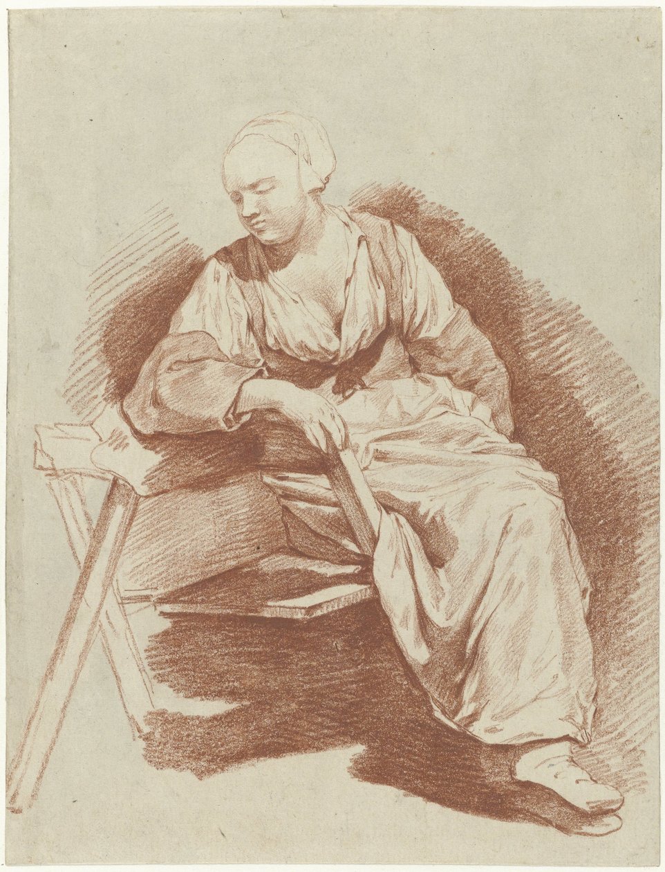 Studie van een zittende vrouw, leunend op haar rechterarm door Cornelis Pietersz. Bega
