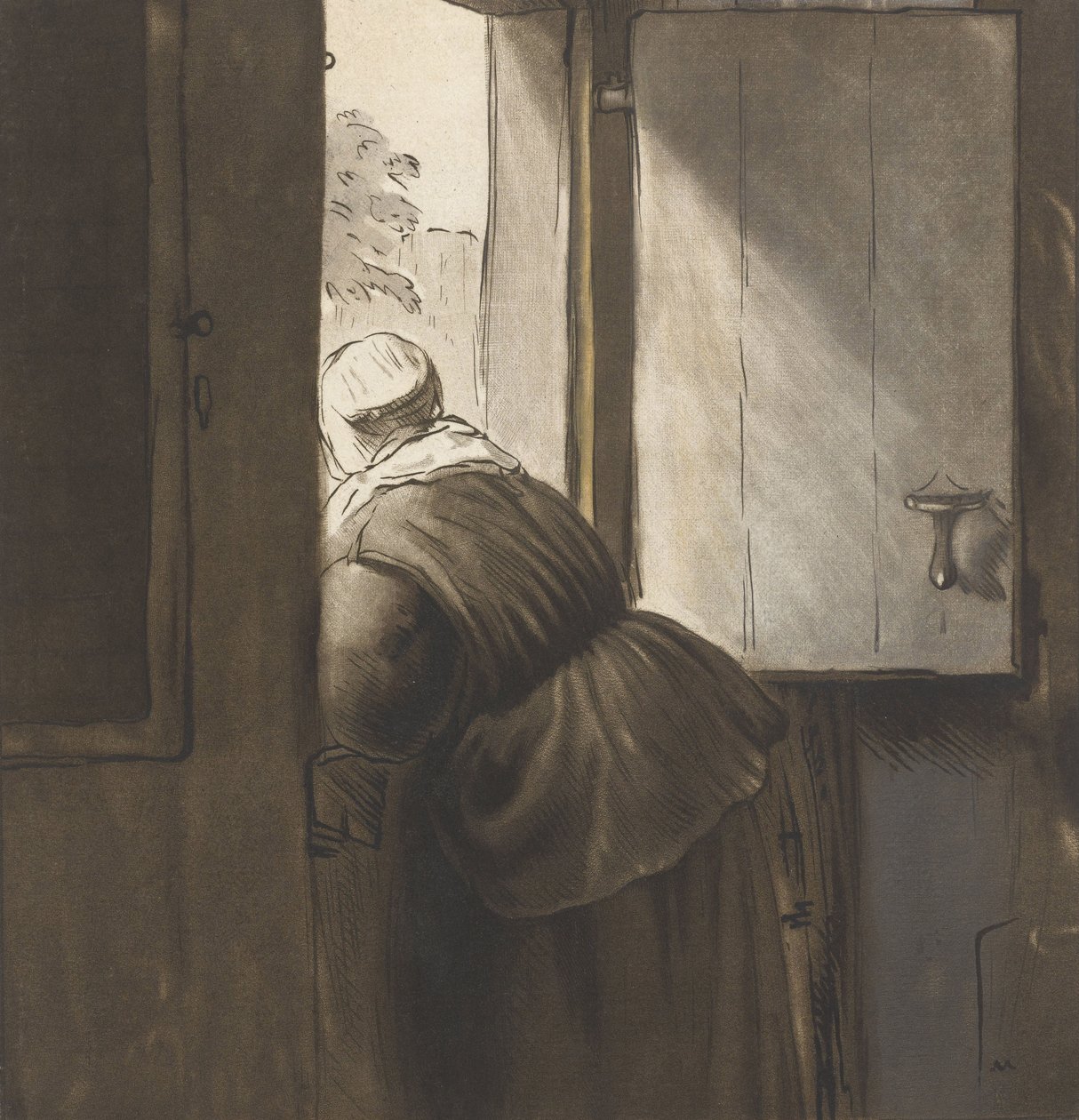 Een vrouw leunend op de onderste deur, naar Rembrandt van Rijn door Cornelis Ploos van Amstel
