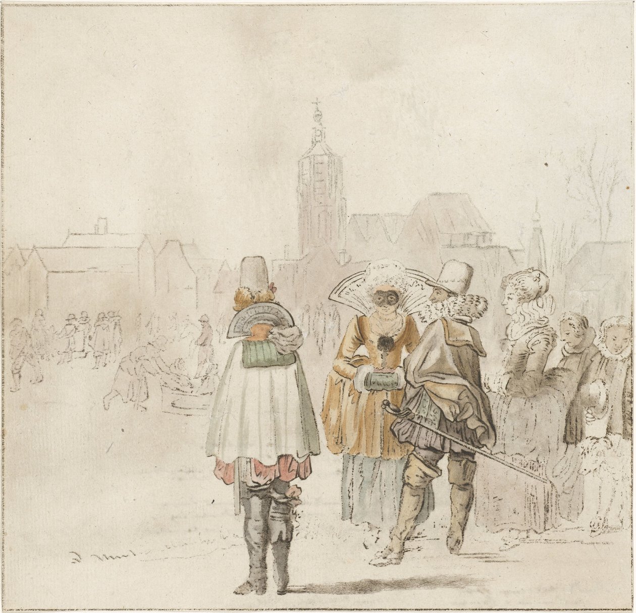 Elegant gezelschap op het ijs door Cornelis Ploos van Amstel (signed by artist)