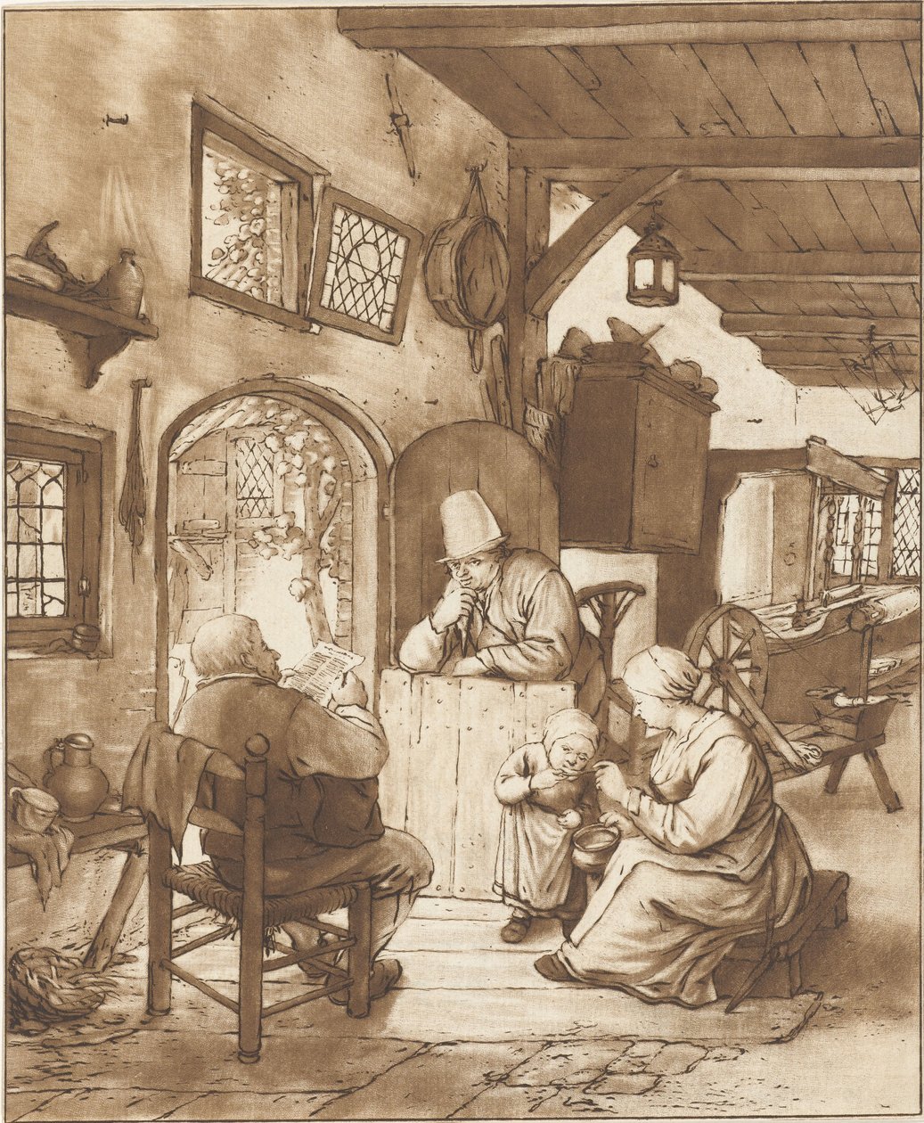 Krantlezer in interieur door Cornelis Ploos van Amstel (signed by artist)
