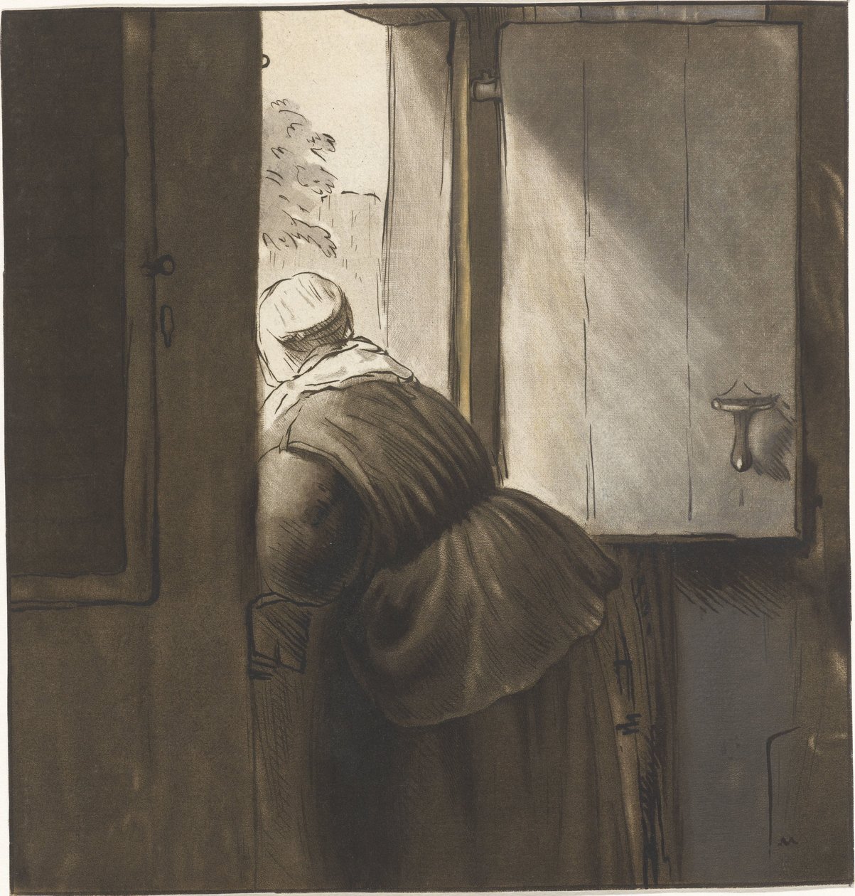 Vrouw leunend over een onderdeur door Cornelis Ploos van Amstel (signed by artist)