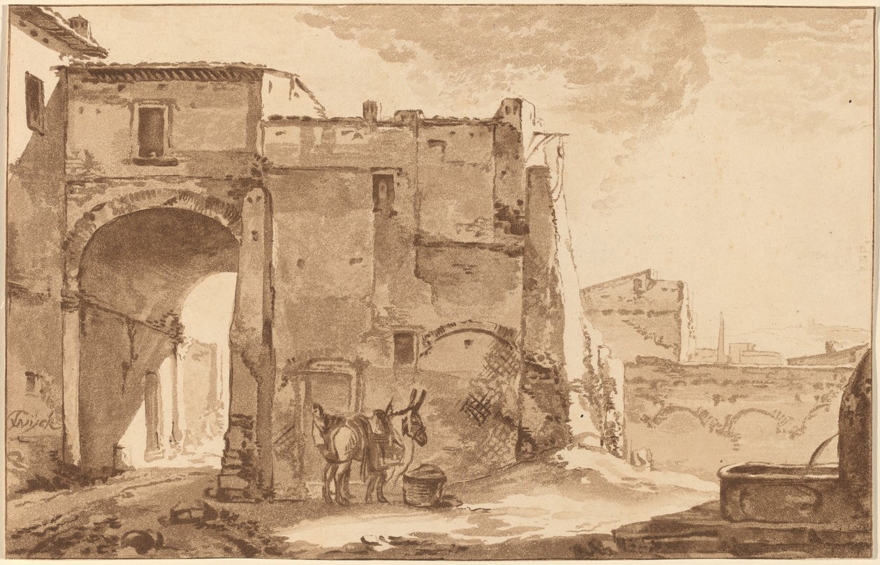 Poort met reiziger en muilezel door Cornelis Ploos van Amstel