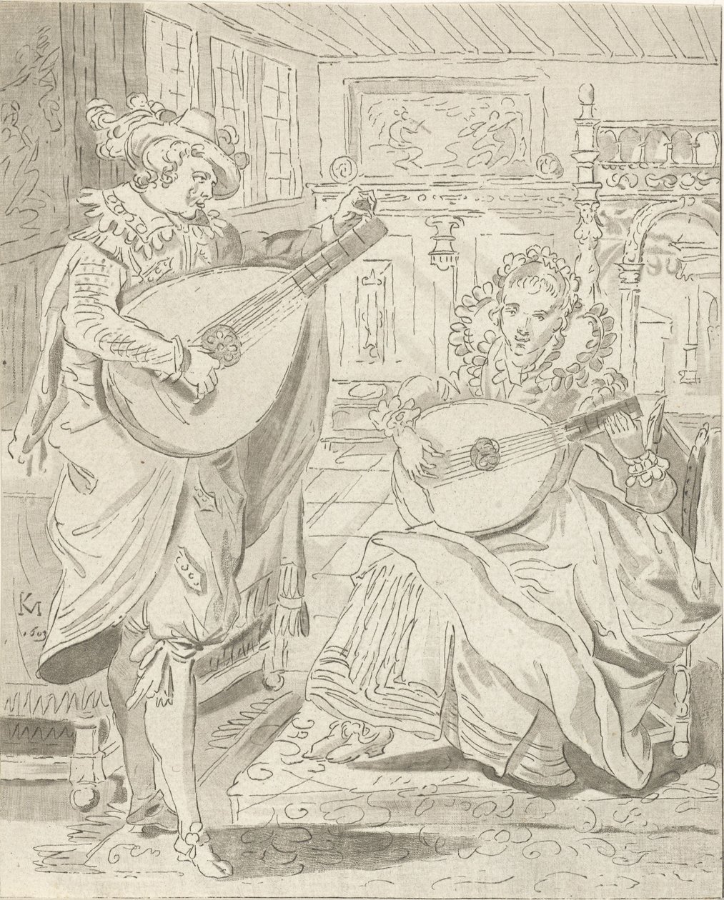 Luitspelende heer en dame door Cornelis Ploos van Amstel
