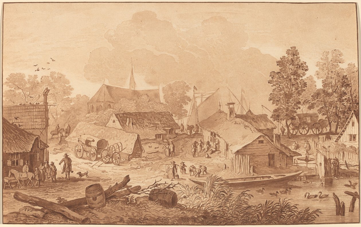 Dorp met vijver door Cornelis Ploos van Amstel