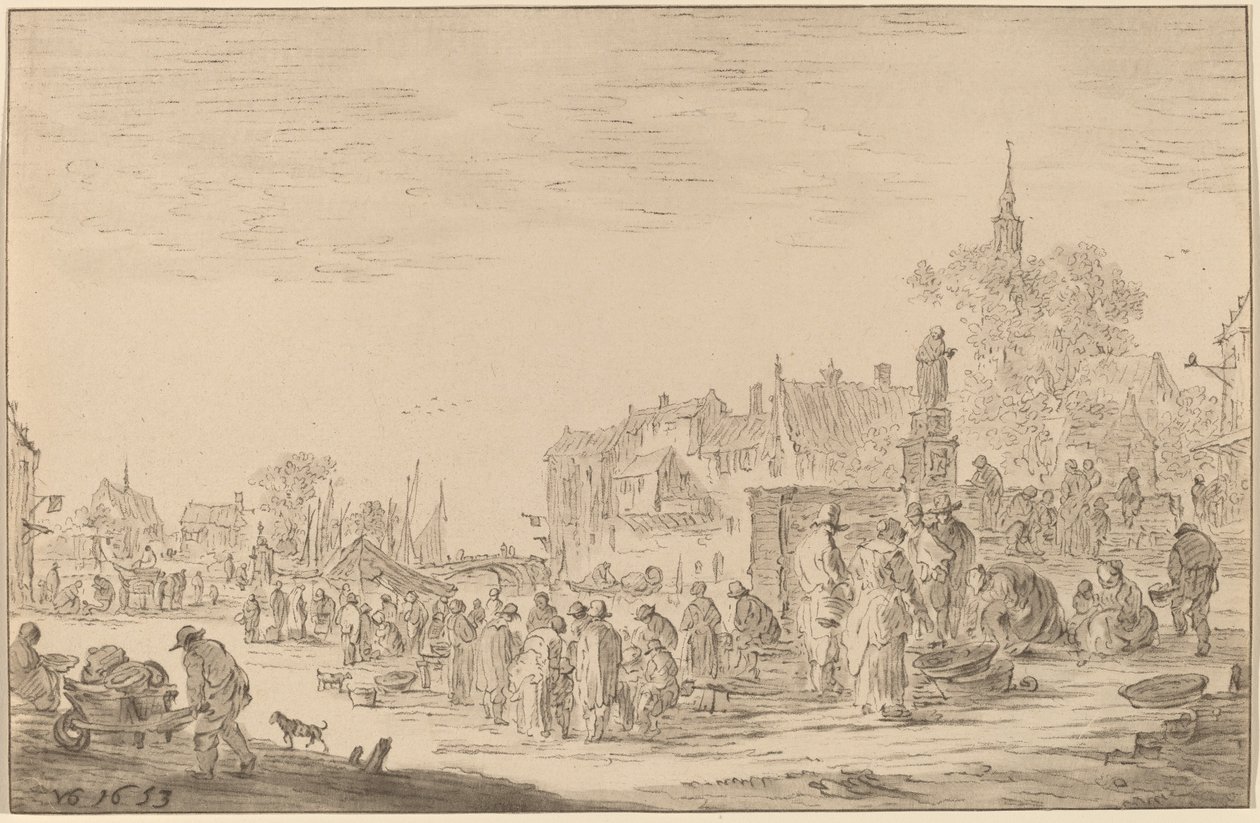 Vismarkt door Cornelis Ploos van Amstel after Jan