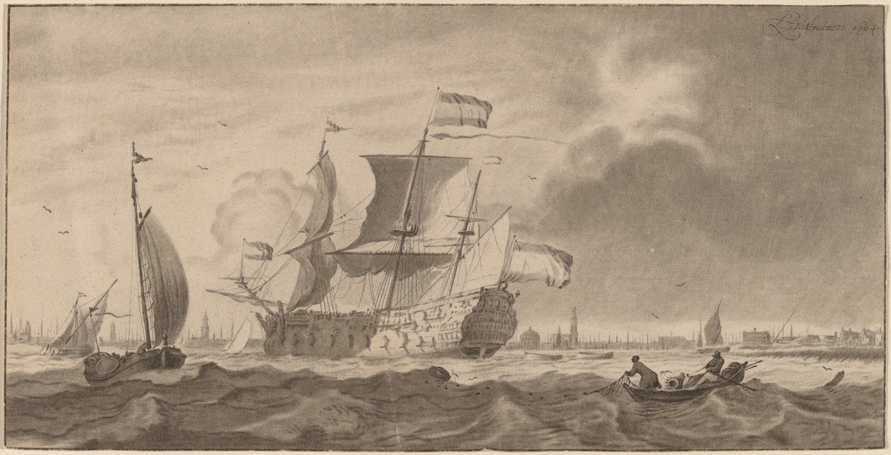 Oorlogsschip in de Y door Cornelis Ploos van Amstel and Bernhard Schreuder, after Ludolf Backhuysen