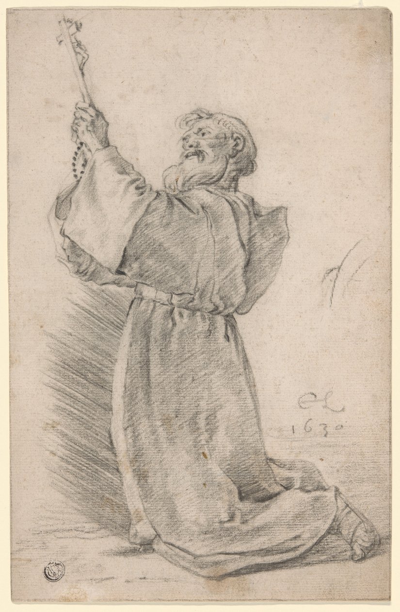 Knielende monnik met crucifix door Cornelis Saftleven