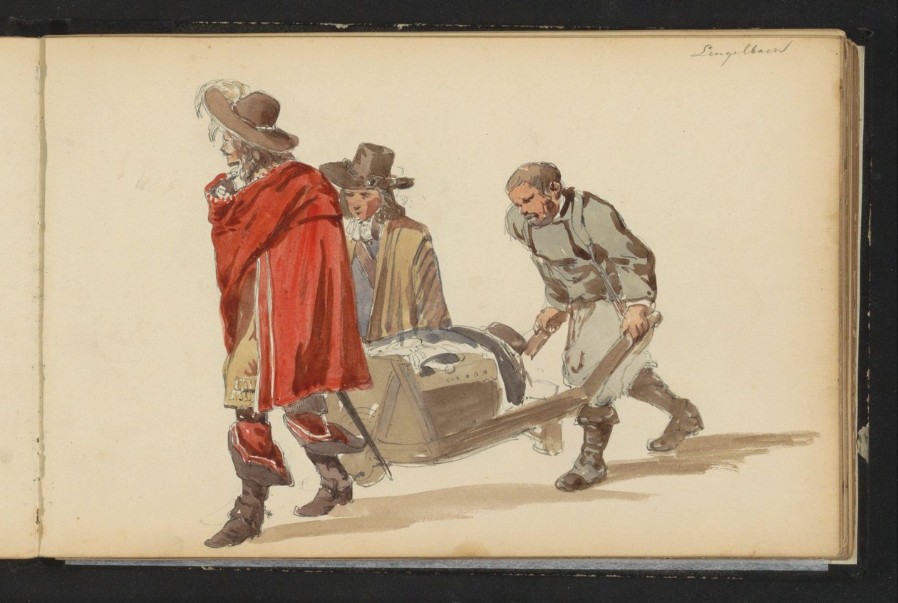 Groep figuren in zeventiende-eeuwse kleding door Cornelis Springer