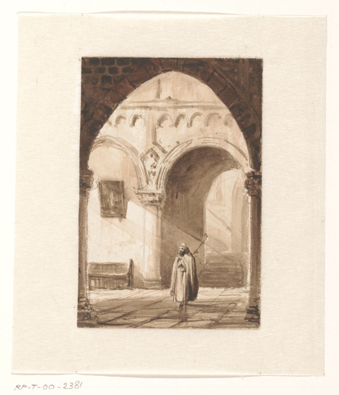 Interieur van een kerk met een monnik door Cornelis Springer