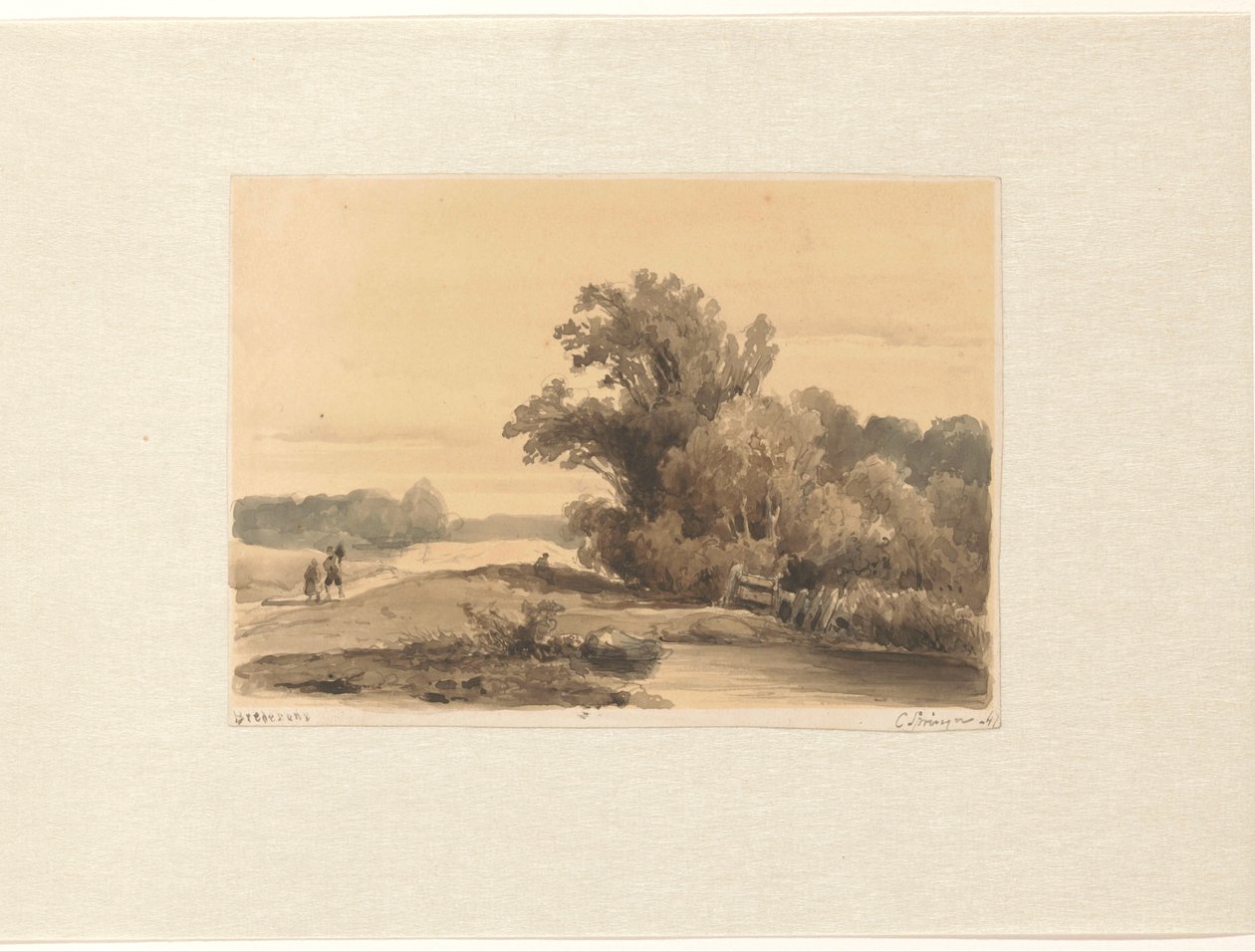 Landschap bij Brederode met wandelaars op een pad door Cornelis Springer