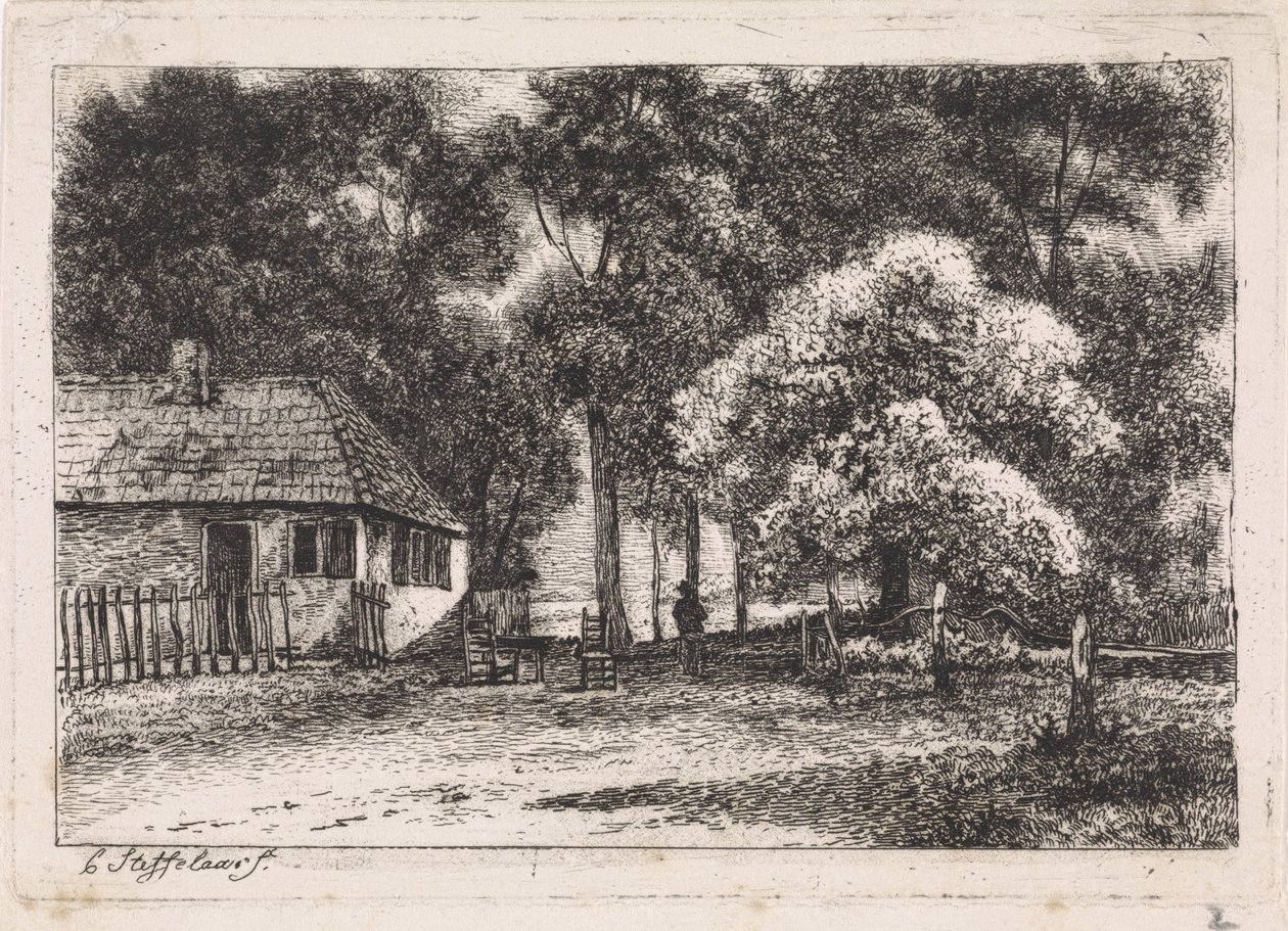 Huis tussen geboomte door Cornelis Steffelaar