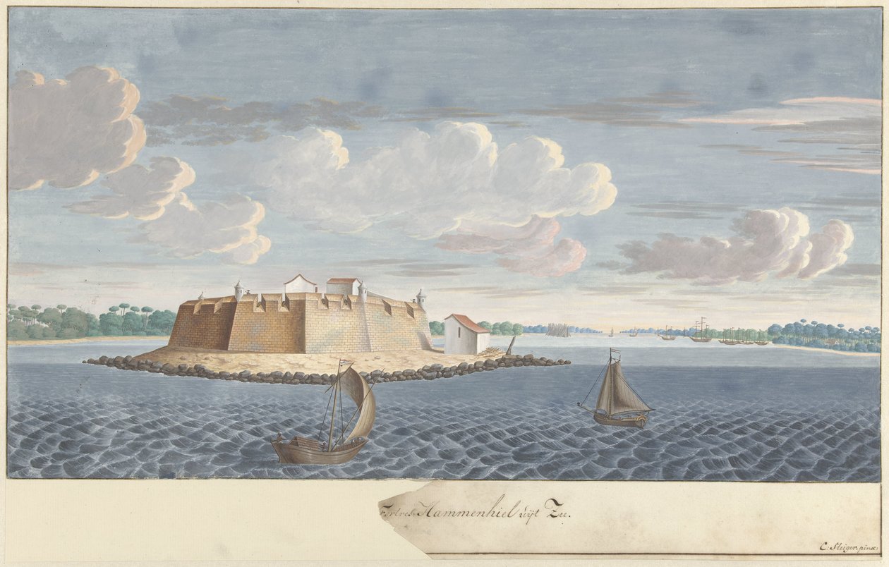 Fort Hammenhiel te Ceylon, gezien van zee door Cornelis Steiger