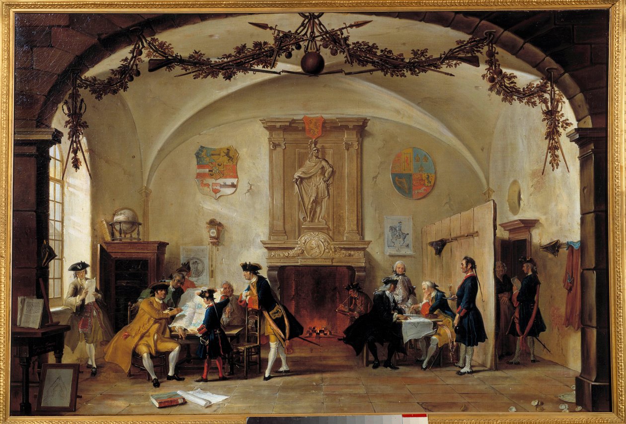 Allegorie van oorlog tegen Frankrijk Nederlandse soldaten bestuderen strategieën tijdens de Spaanse Successieoorlog (1701-1714) door Cornelis Troost