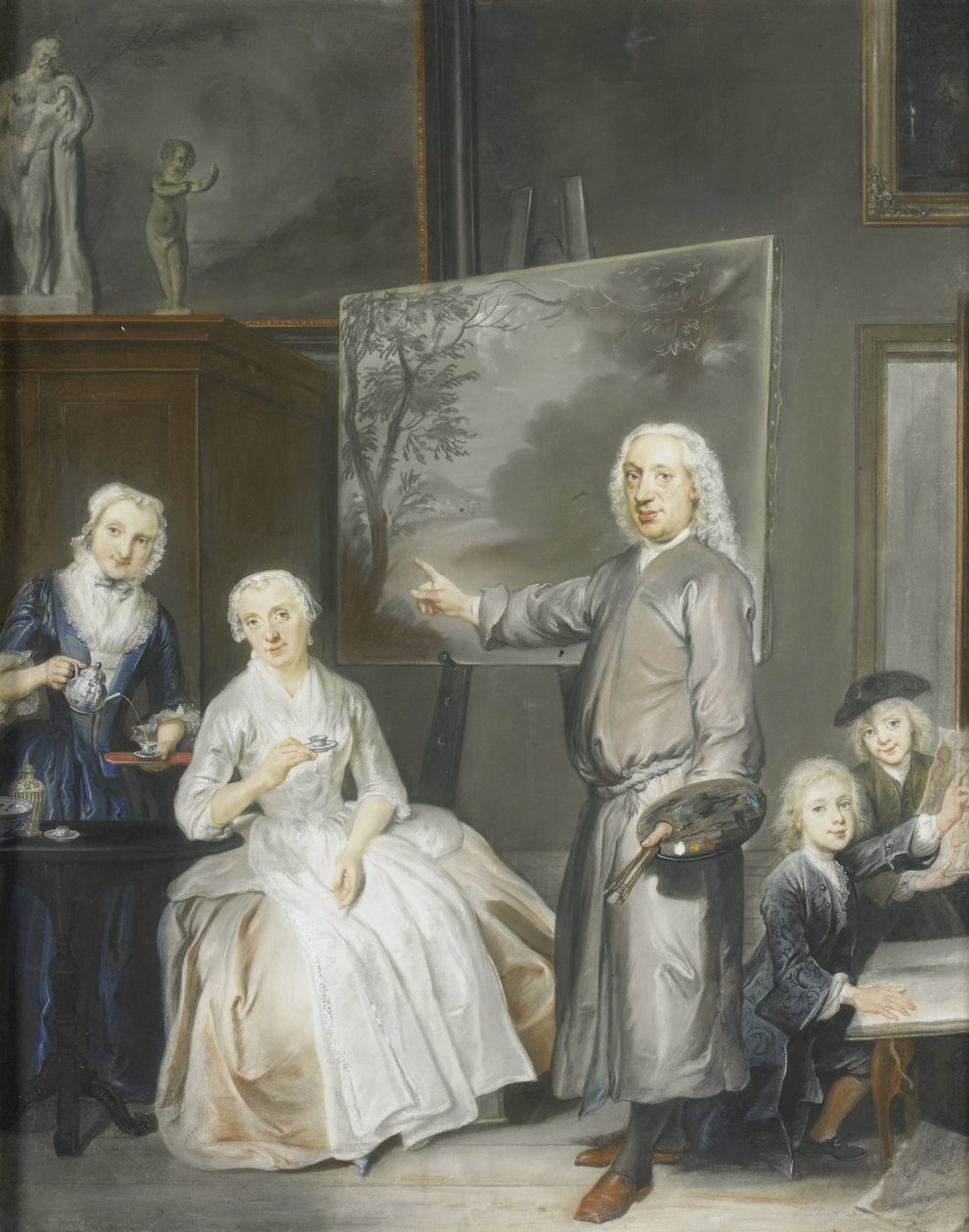 De landschapschilder Dirk Dalens III (1688-1753) met zijn tweede echtgenote Maria Schaack (gest. 1766) en de kinderen Anna (geb 1725), Willem (1737-60) en Jacobus (1741-63) door Cornelis Troost