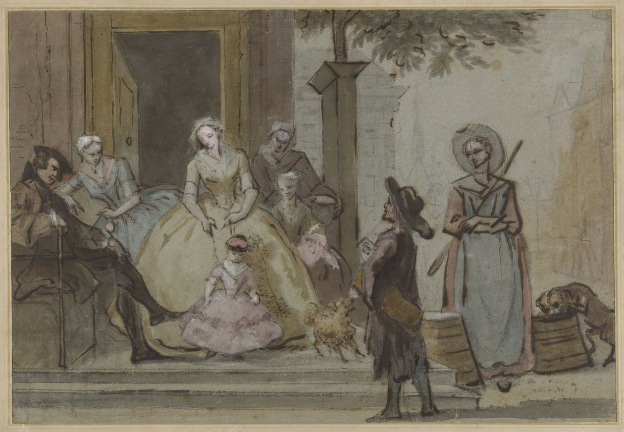 Draailierspeler voor een luisterende familie op de stoep van een stadshuis door Cornelis Troost