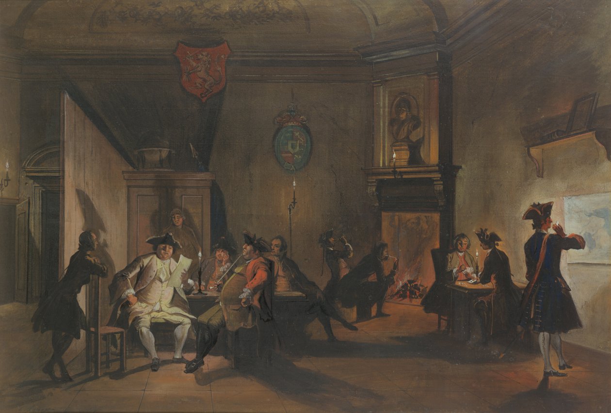 Interieur met militaire officieren door Cornelis Troost