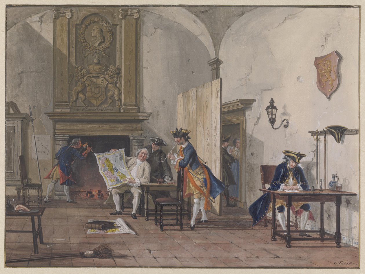 Officieren in een wachtlokaal door Cornelis Troost