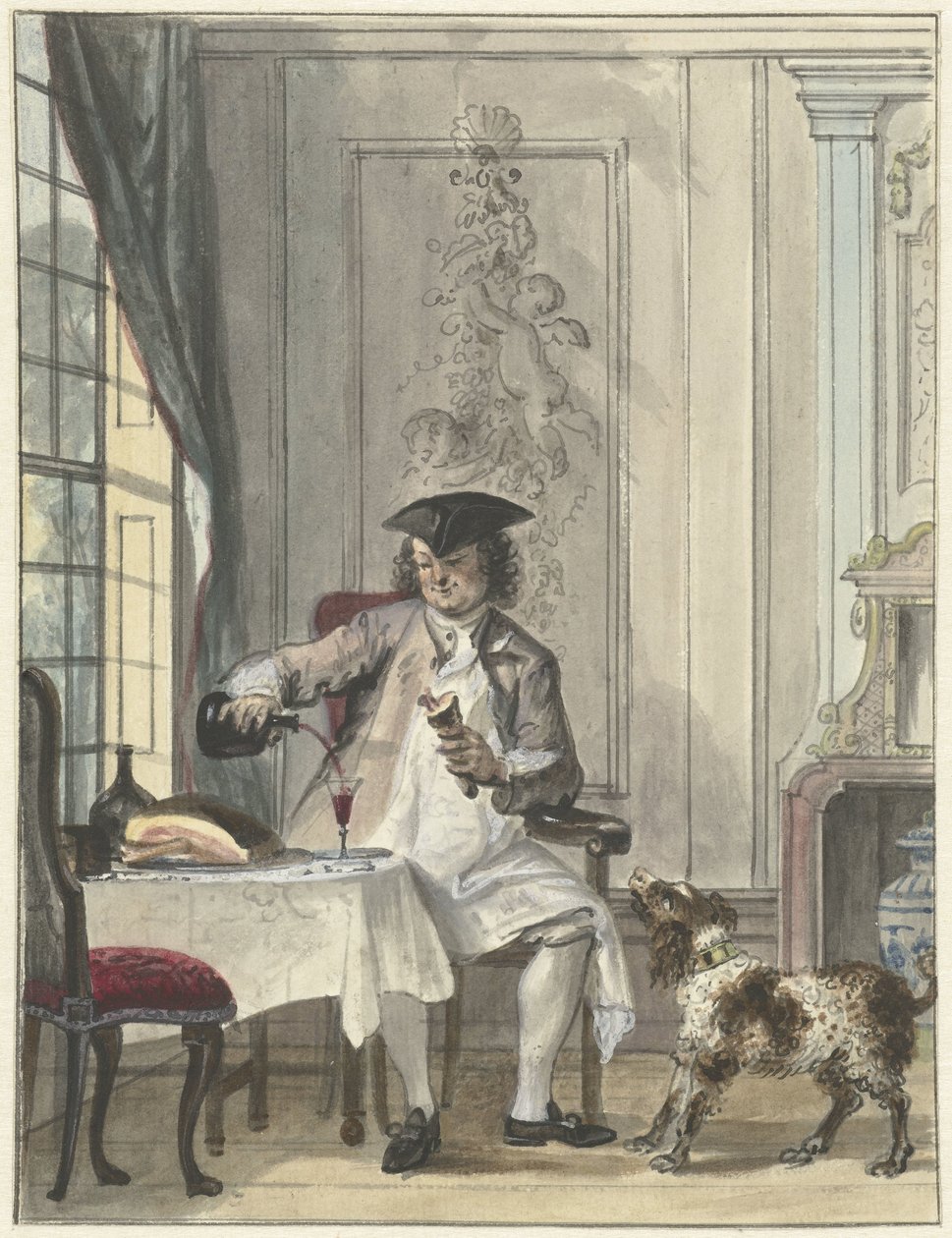 Tafelende man met een glas wijn en een kluif door Cornelis Troost