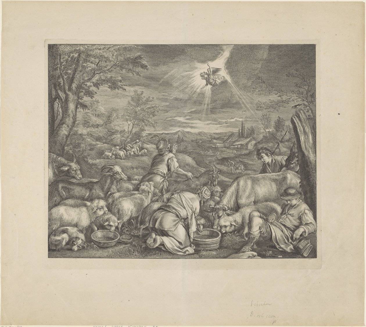 Abraham vertrekt naar Sichem / Verkondiging aan de herders door Cornelis Visscher (II)