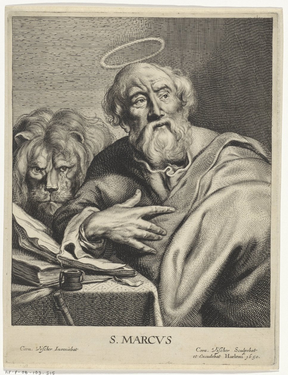 Evangelist Marcus met leeuw door Cornelis Visscher (II)