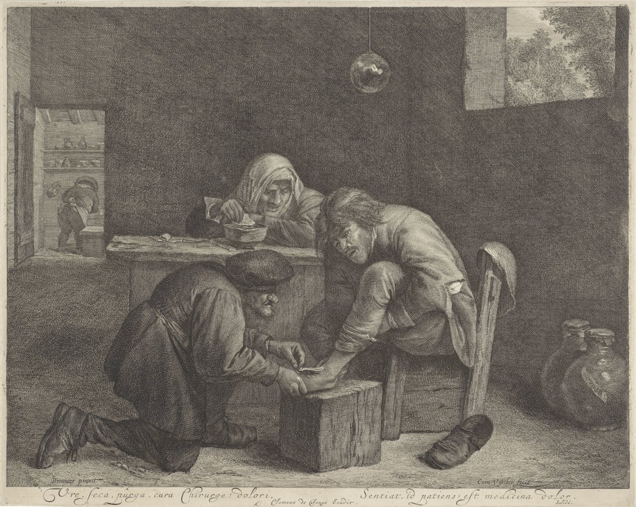 Man bij een arts (Vre, seca, purga, cura Chirurge! dolori) door Cornelis Visscher (II)