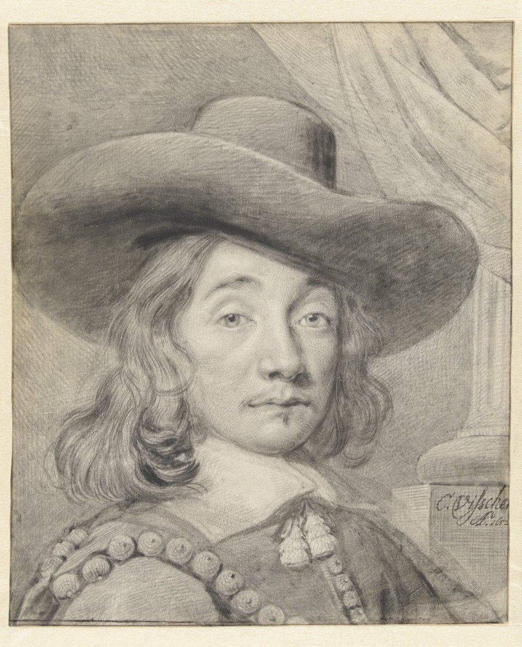 Zelfportret met een hoed door Cornelis Visscher (II)