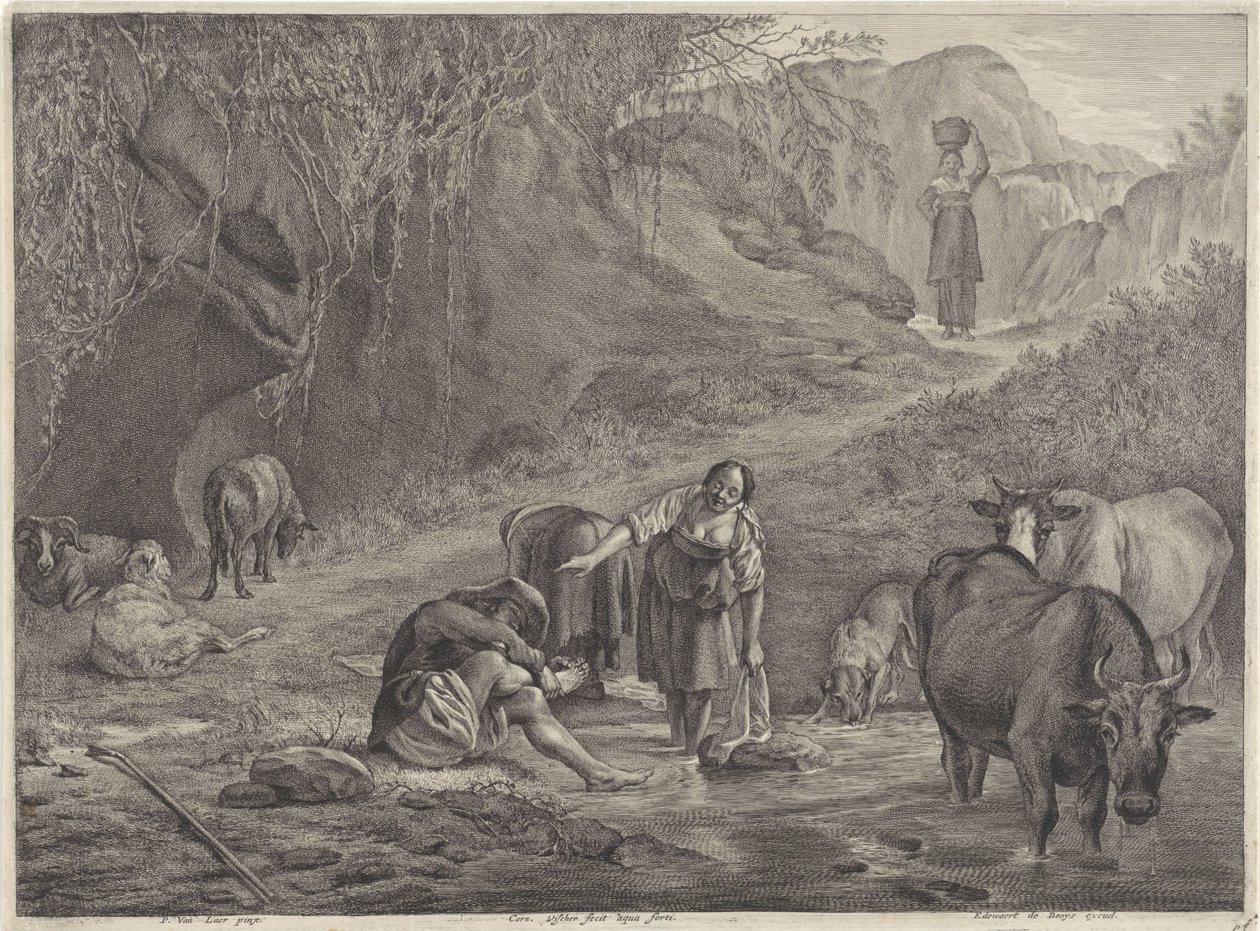 Wasvrouwen en een herder aan de waterkant door Cornelis Visscher (II)
