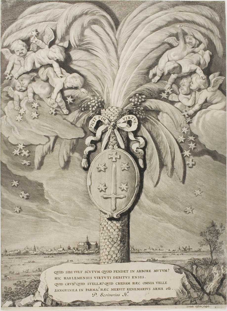 Wapen van Haarlem, eindpagina van Graven en Gravin van Holland, Zeeland en West-Friesland door Cornelis Visscher