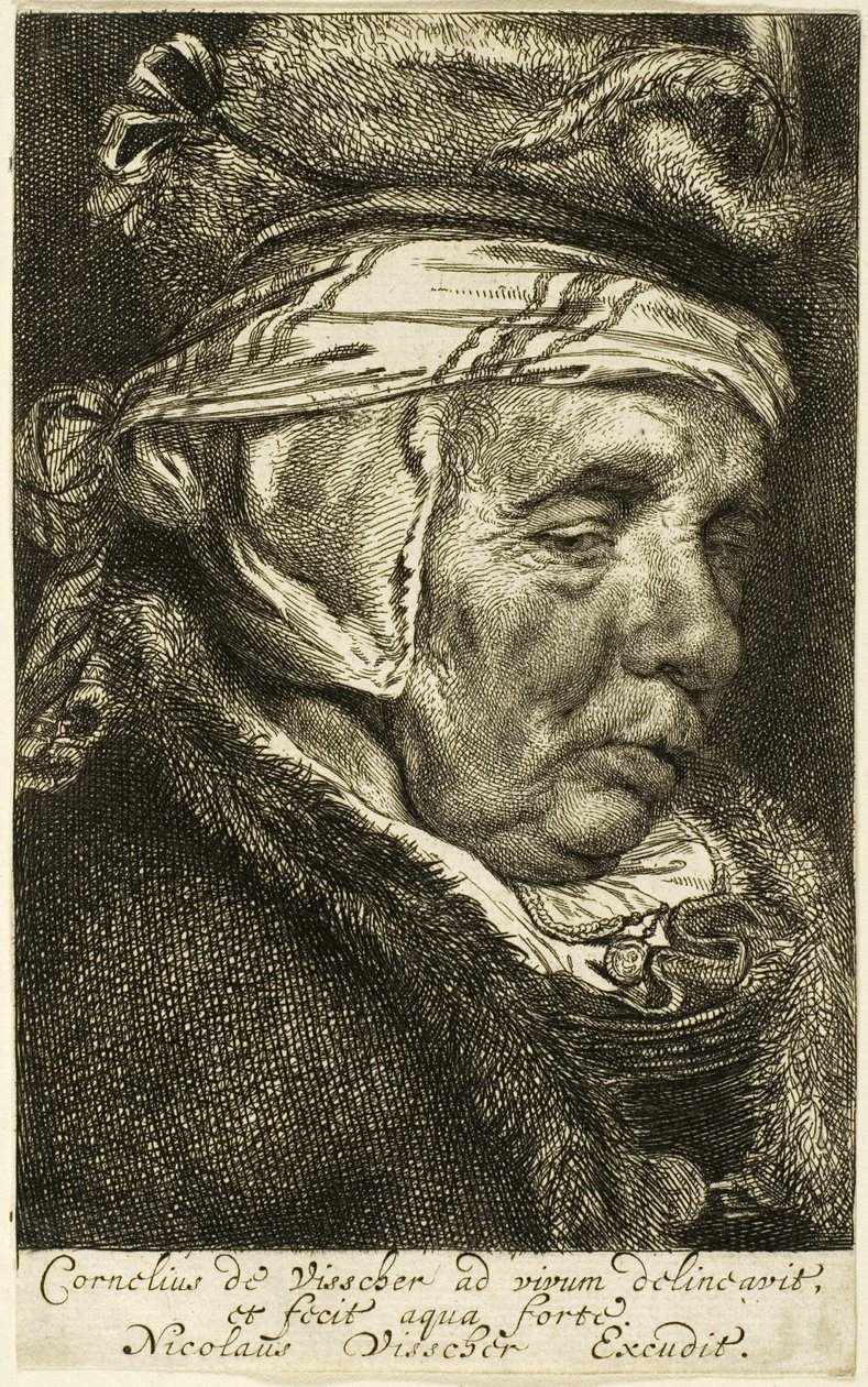 Kop van een oude vrouw (zogenaamd portret van Visschers moeder) door Cornelis Visscher