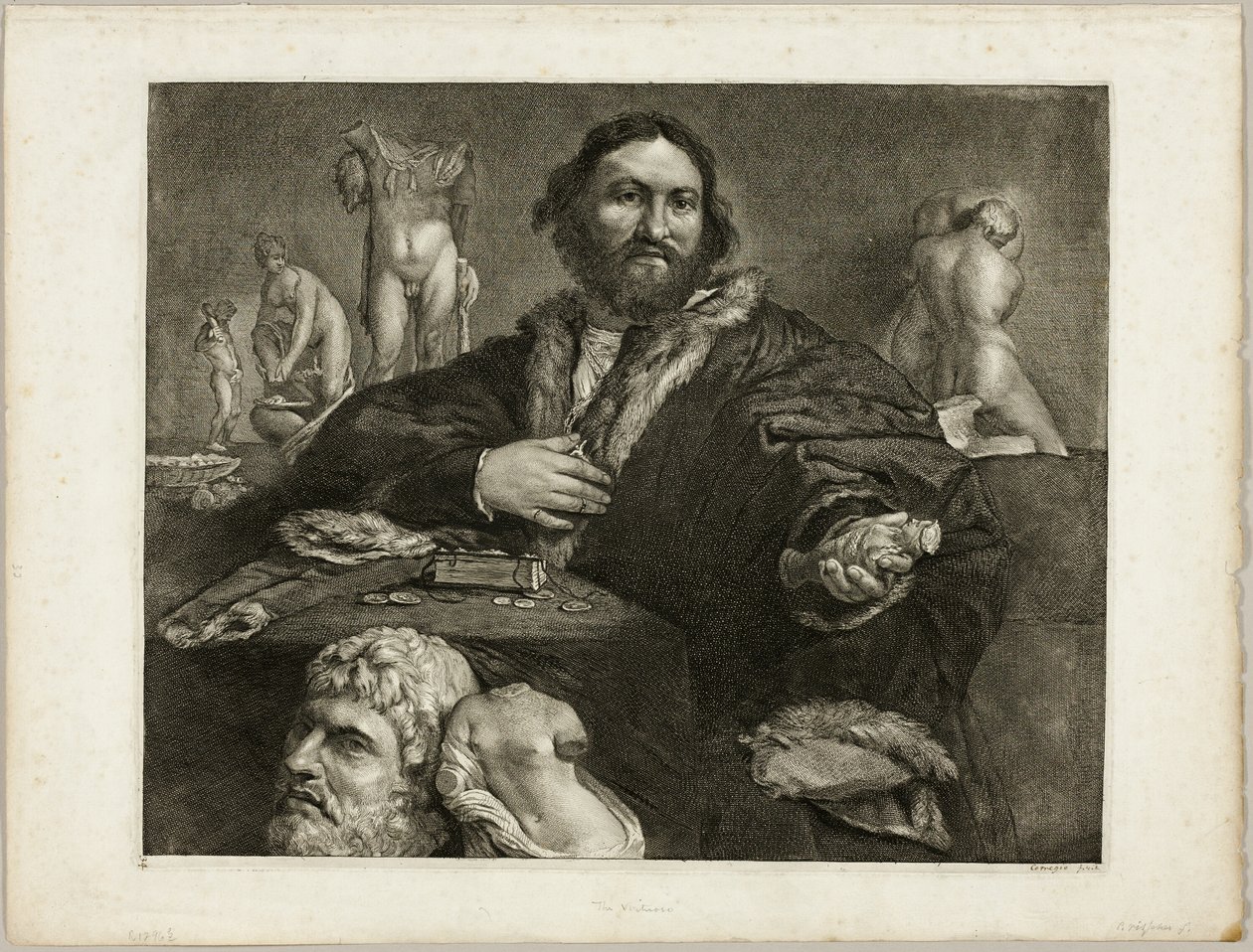 Portret van Andrea Odoni, uit Cabinet Reynst; Variarum imaginum a celeberrimis artificibus pictarum Caelaturae (Cabinet Reynst: Gravures van verschillende afbeeldingen geschilderd door beroemde kunstenaars) door Cornelis Visscher