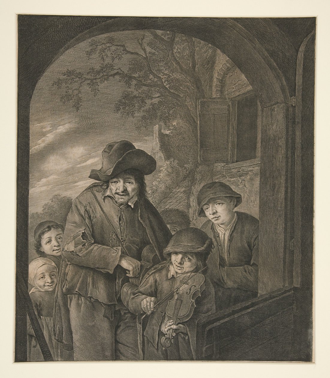 Zonder titel (Muzikanten bij een herbergdeur) door Cornelis Visscher