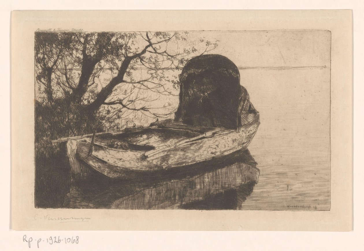 Aangemeerde roeiboot met een overkapping door Cornelis Vreedenburgh (signed by artist)