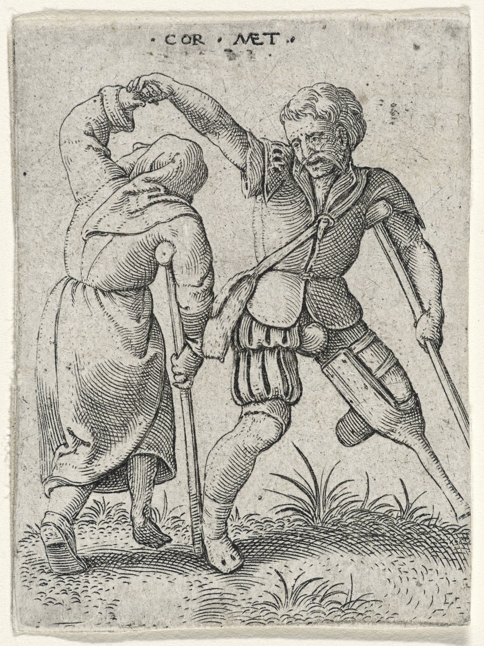 Een man met een houten been die een kreupele vrouw onder zijn arm draait, 1572 (gravure op laid papier) door Cornelis after Massys