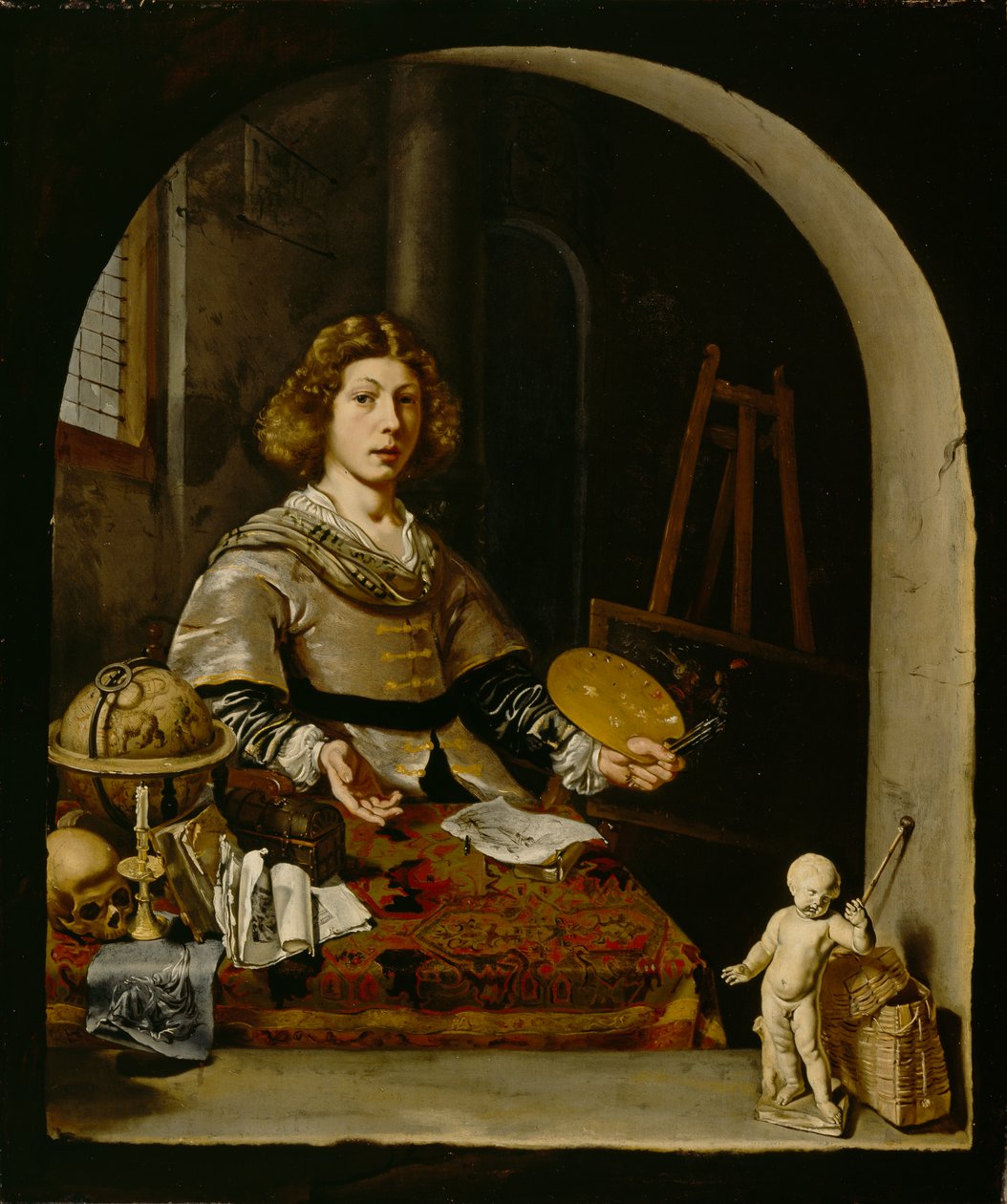 De kunstenaar in zijn atelier door Cornelis attr. to Bisschop