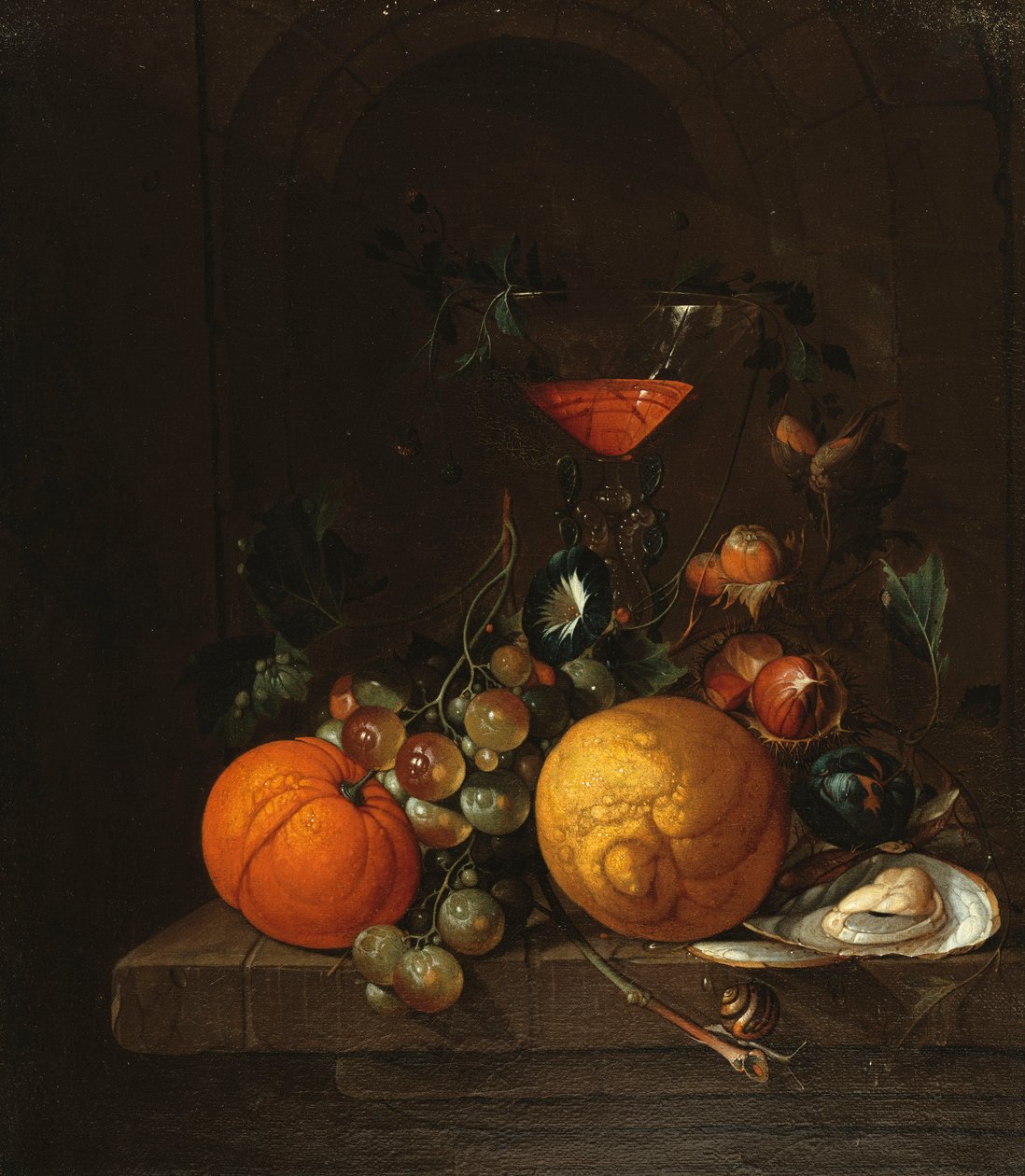 Een Citroen, een Sinaasappel, Druiven, een Oester en een Glas Wijn op een Richel door Cornelis de Heem