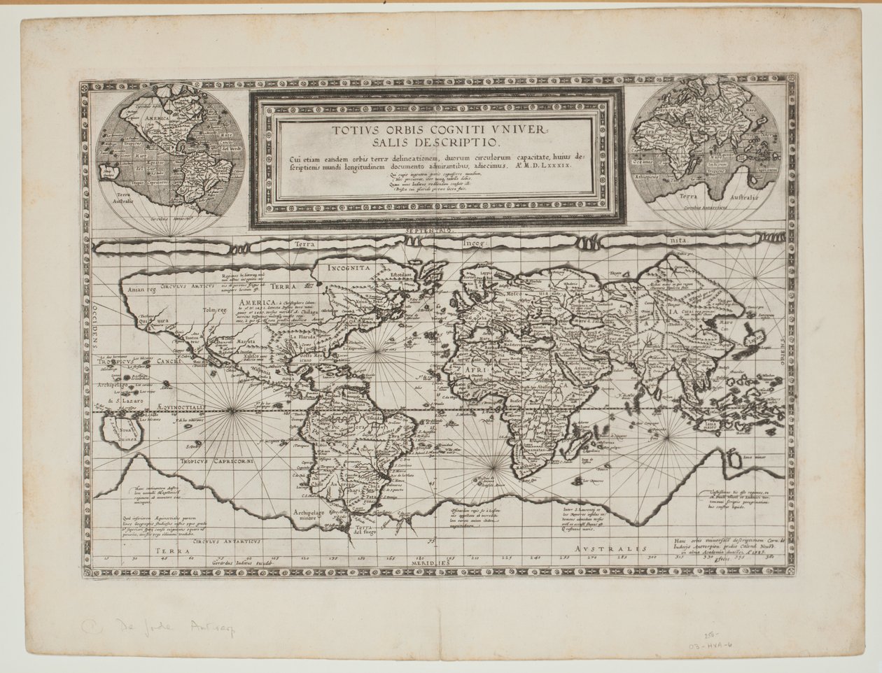 Totius Orbis Cogniti Universalis Descriptio, Antwerpen, 1593 door Cornelis de Jode