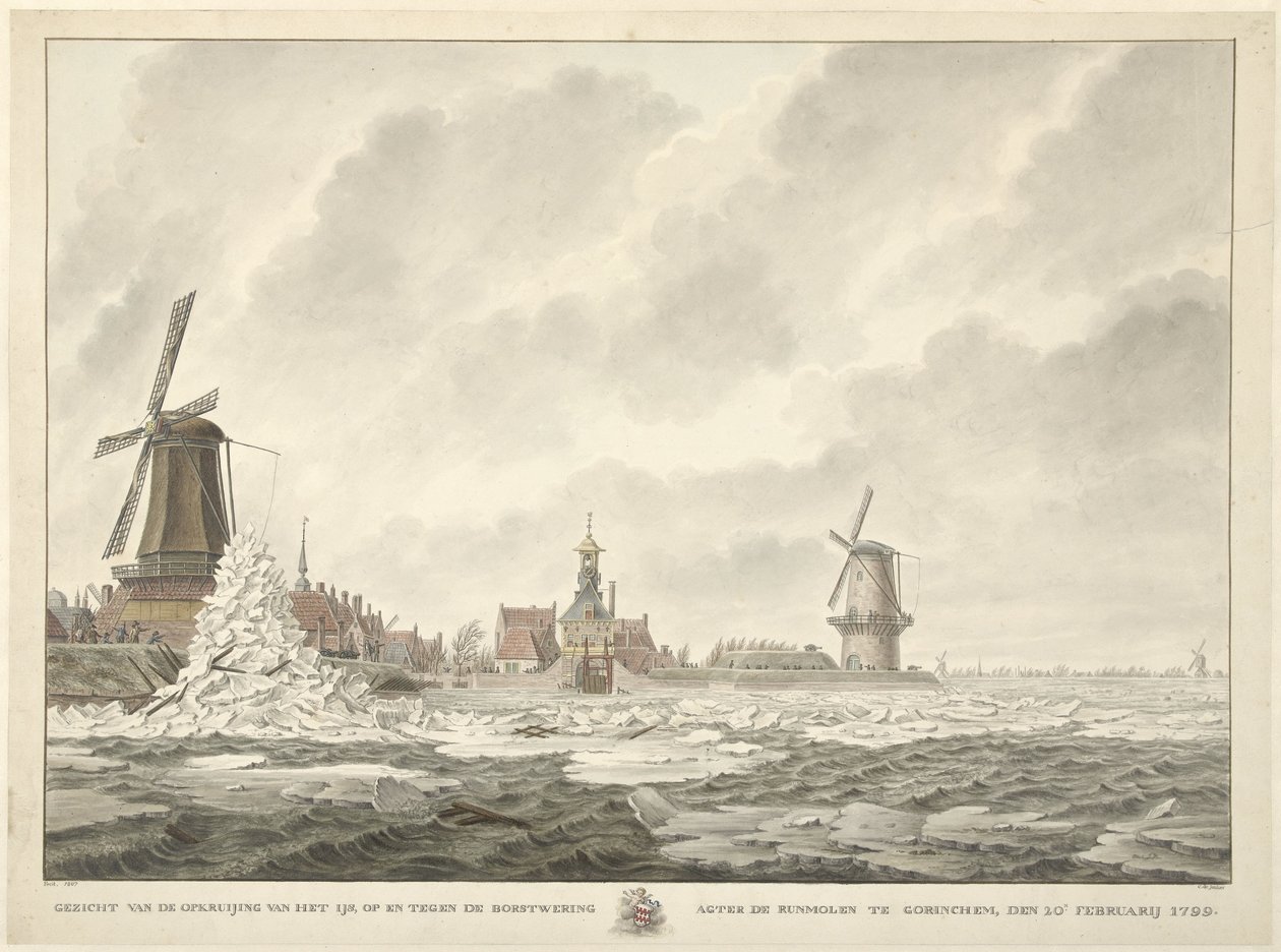 Gezicht van de opkruijing van het ijs, op en tegen de borstwering agter de Runmolen te Gorinchem, den 20.n Februarij 1799 door Cornelis de Jonker
