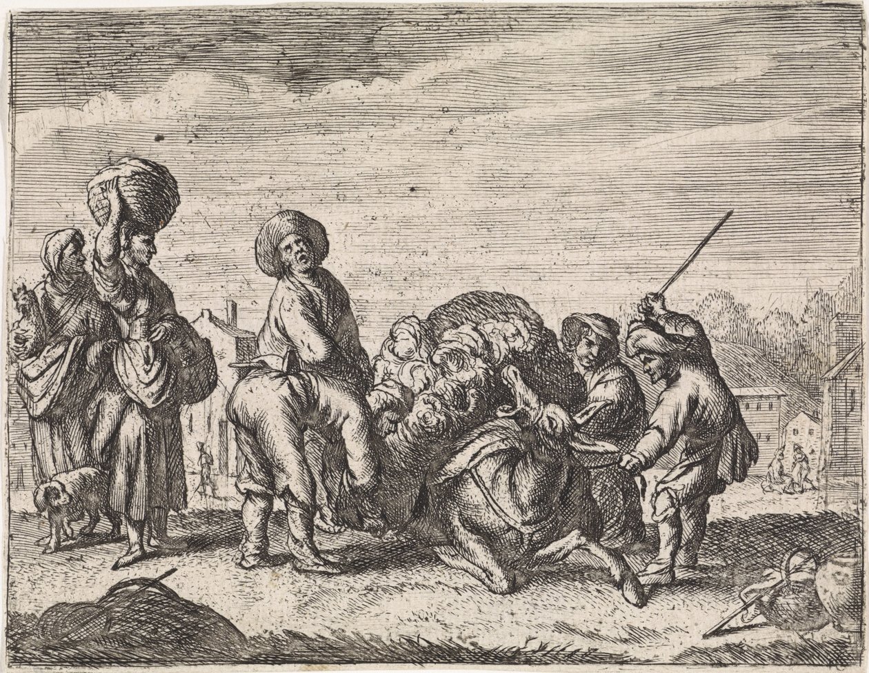 De balkende ezel Genretaferelen (series title) door Cornelis de Wael