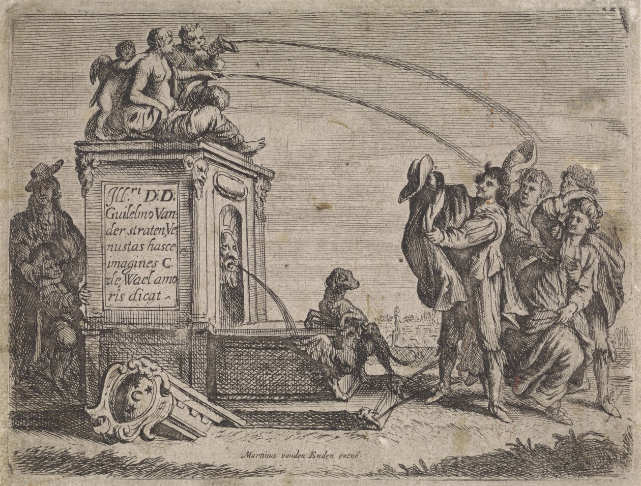 Groep mensen bij fontein door Cornelis de Wael