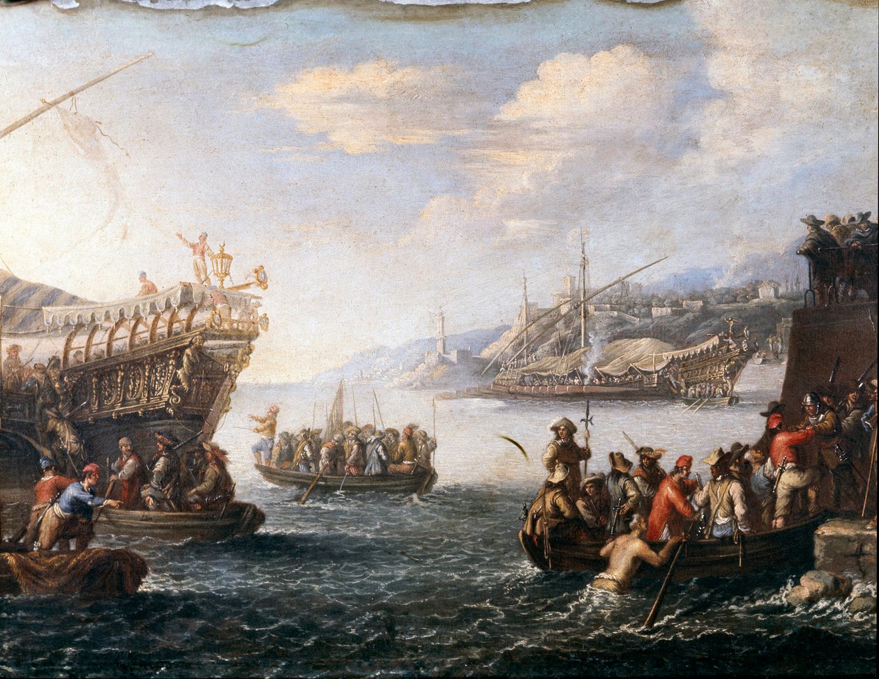 Soldaten die inschepen om tegen de Turken te vechten in de haven van Genua (Schilderij) door Cornelis de Wael