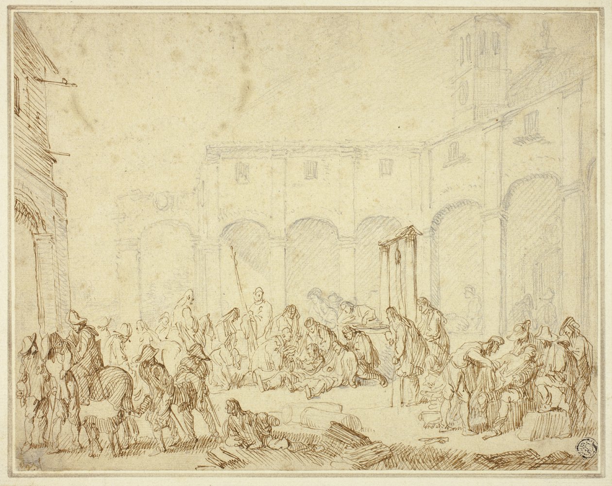 Gewonde soldaten op een binnenplaats op het stadsplein door Cornelis de Wael