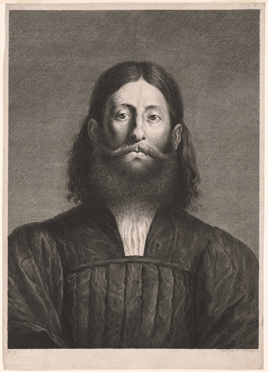 Portret van een man met baard (zogenaamd portret van Giorgione), uit Cabinet Reynst; Variarum imaginum a celeberrimis artificibus pictarum Caelaturae (Cabinet Reynst: Gravures van verschillende afbeeldingen geschilderd door beroemde kunstenaars) door Cornelis van Dalen II