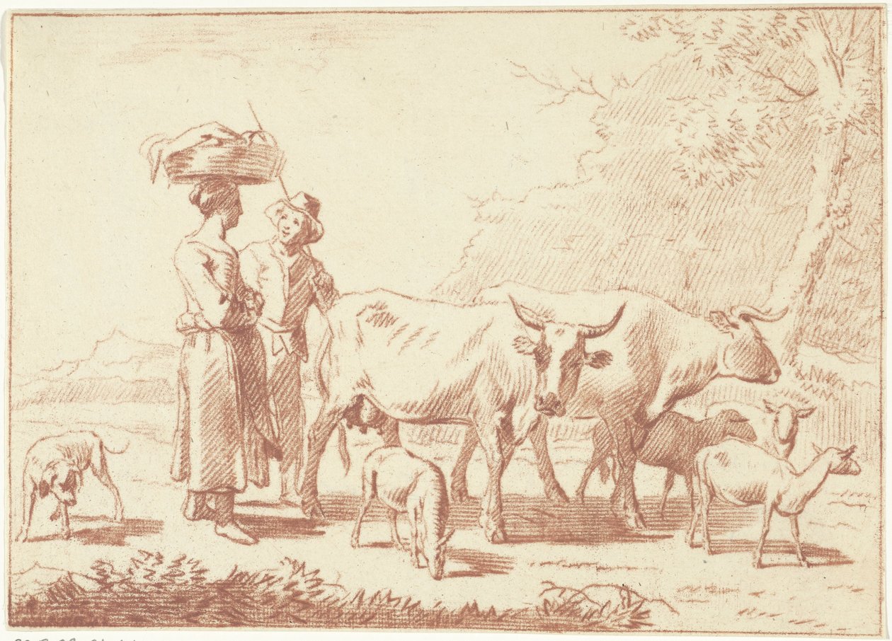 Herder en een vrouw met koeien en schapen door Cornelis van Noorde