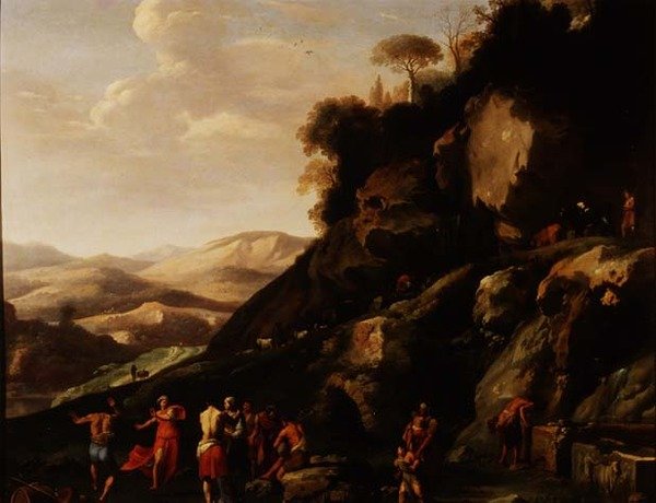 Boeren dansen in een Landschap door Cornelis van Poelenburgh or Poelenburch