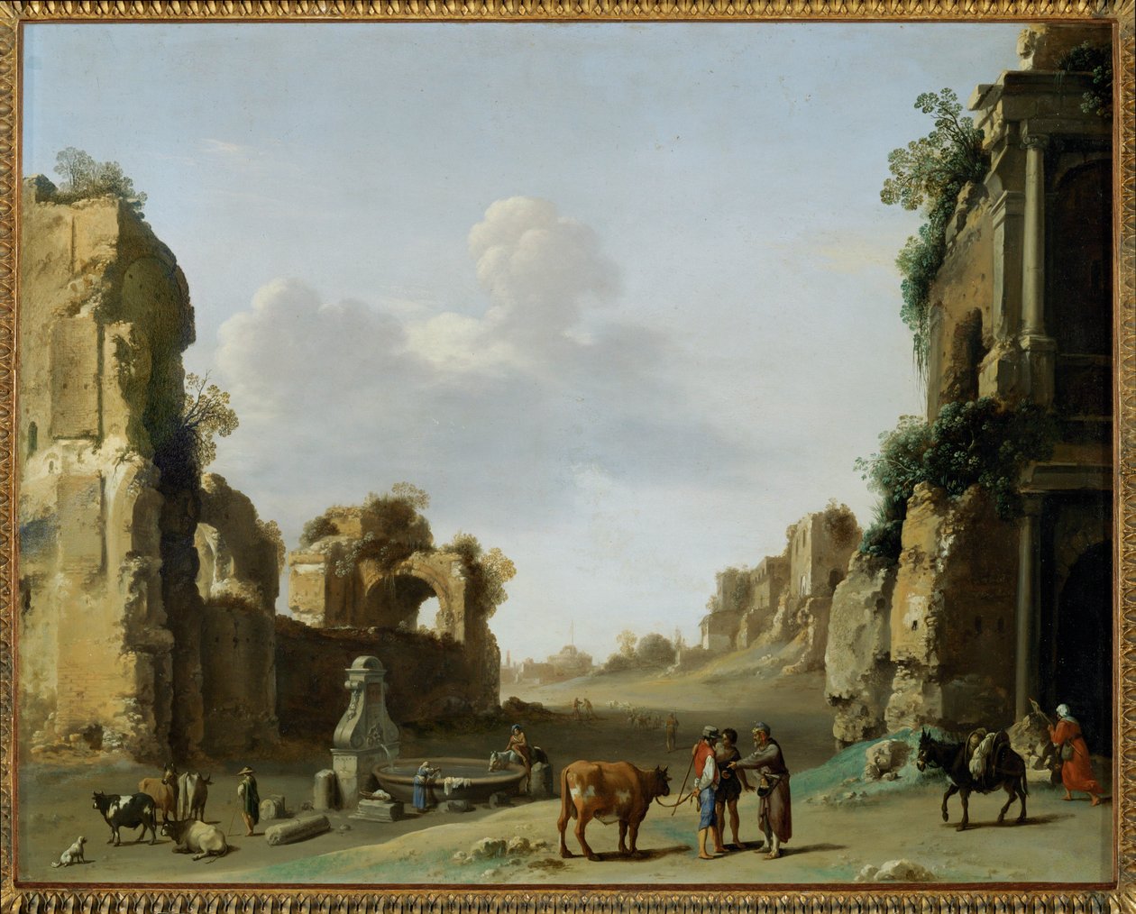 Uitzicht op de Campo Vaccino met een ezel ... door Cornelis van Poelenburgh or Poelenburch
